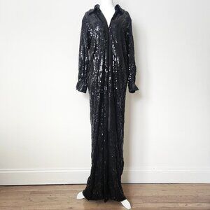 Vintage Halston Sequin Maxi Dress Size 12 Black Zip Collared Formal‎ Party 70s